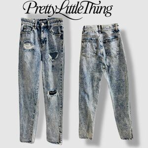PrettyLittleThing Distressed Acid Wash High Waisted Straight Leg Jeans, Size 2